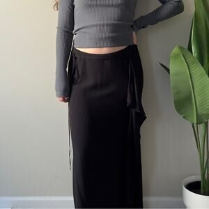 J. Jill Black Maxi Skirt ruffle side tie strings waist zipper zip up back solid